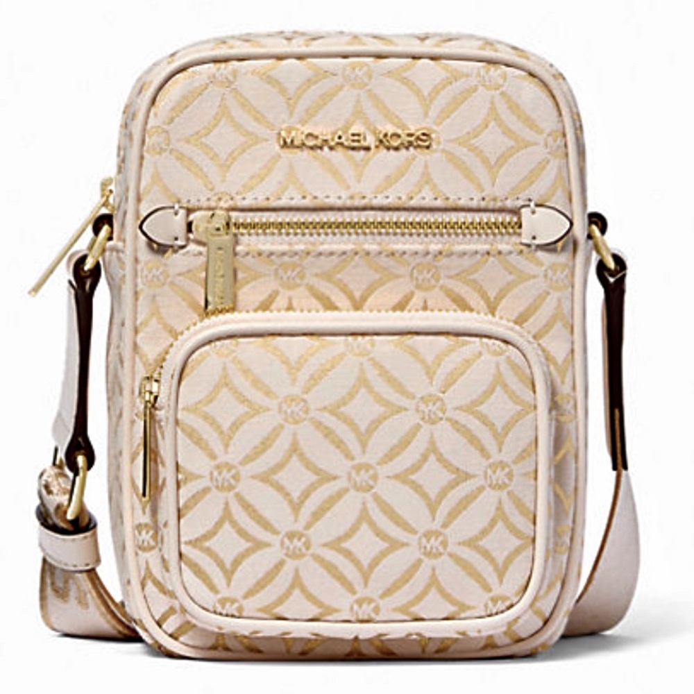 NWT Michael Kors Jet Set Metallic Jacquard Crossbody Gold $398
